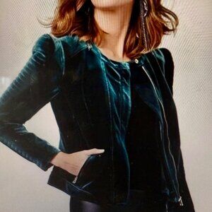 Dark Green Velvet Moto Jacket with Gold Accents